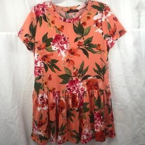 Boho Cottagecore Flounce top Floral Coral Pink M Womens